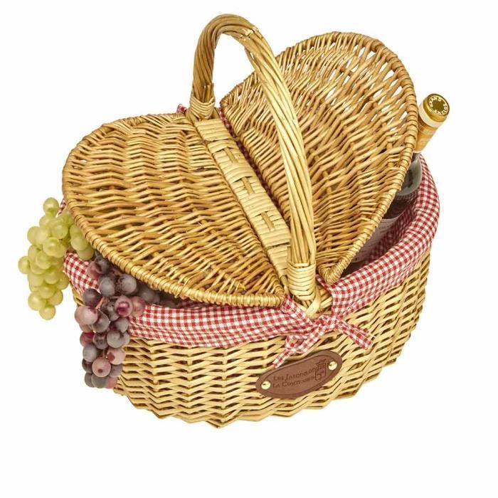 Panier En Osier Naturel Avec Tissu Vichy Rouge - Idéal Marché Et Pique-nique - 40x31x20cm - Lavable