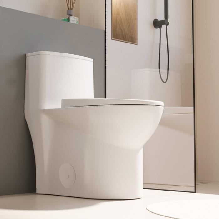 MEJE 1001A - Toilette allongée une pièce pour petite salle de bain, couvercle de siège à fermeture douce, blanc (67.8x36.5x66cm)