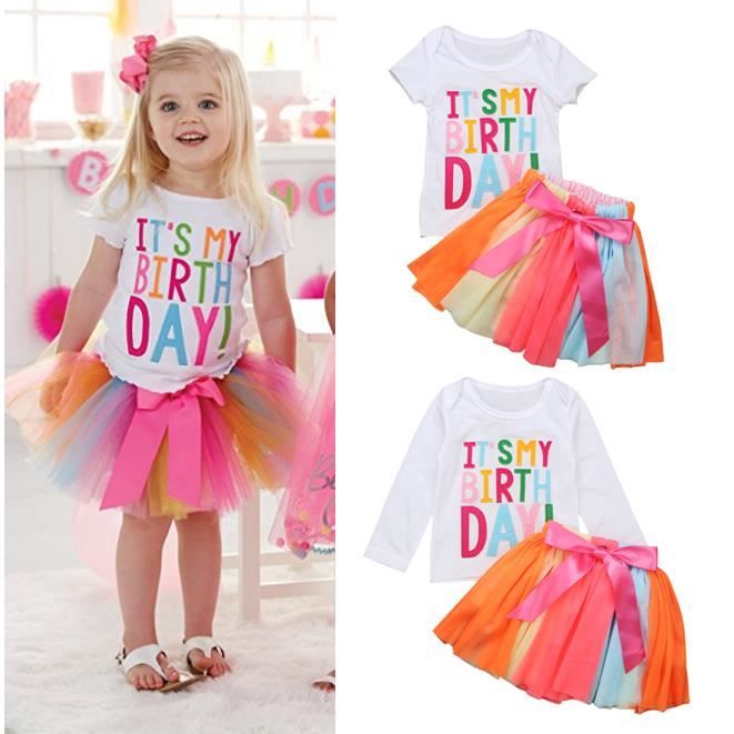 0-5 Ans Bébé Enfant Fille 2 Pcs Ensemble de Vêtement Mode Habit Anniversaire : T-shirt + Jupe Colorée