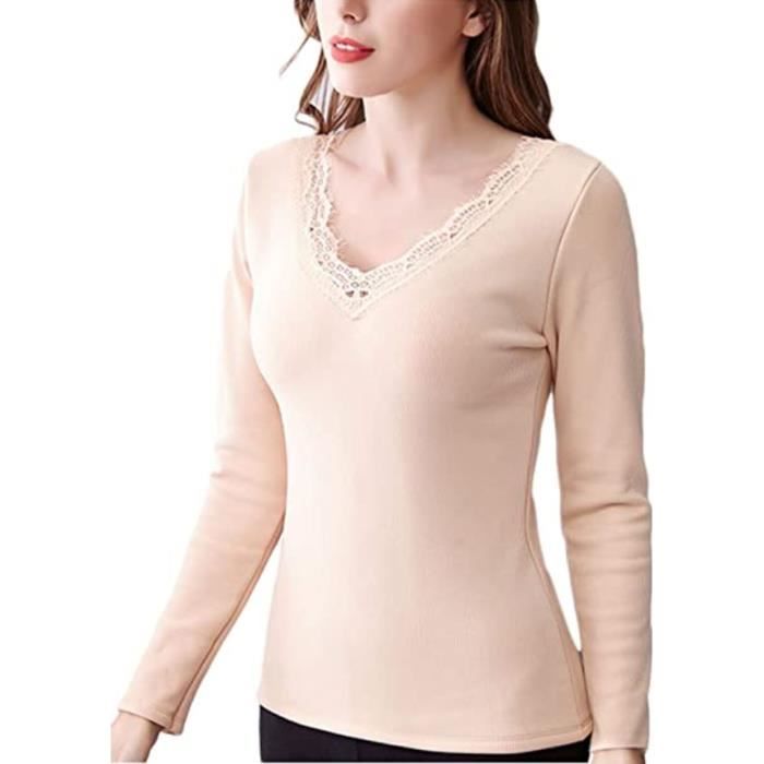 Sous-vêtement thermique femme hiver chaud col V dentelle élégant chic