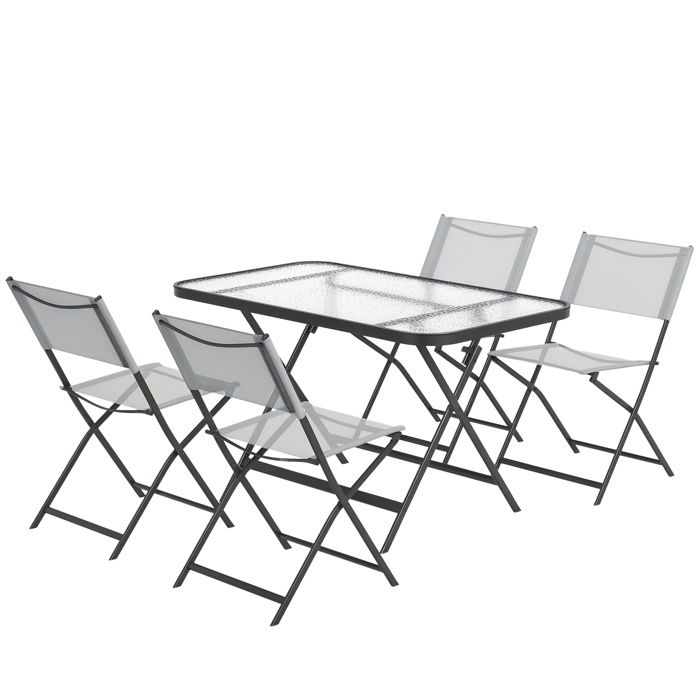 Ensemble de jardin - Outsunny - salon 5 pièces 4 chaises 1 table pliables plateau verre trempé - textilène métal - gris