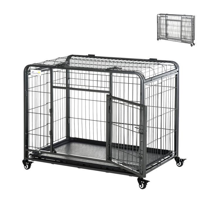 PawHut Cage pour chien pliable cage de transport sur roulettes 2 portes verrouillables plateau amovible dim. 125L x 76l x 81H cm