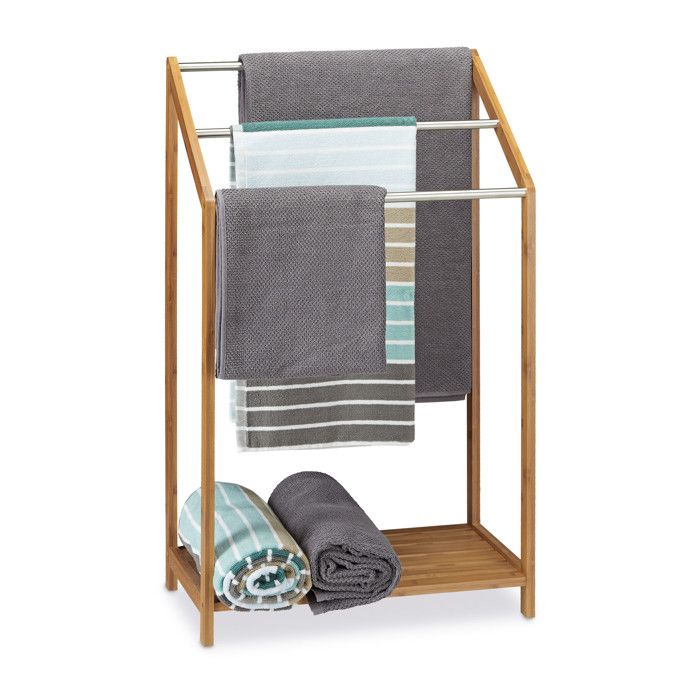 Relaxdays Porte-serviettes en bambou sur pied 3 barres HxlxP: 85 x 51 x 31 cm support serviette salle de bain nature