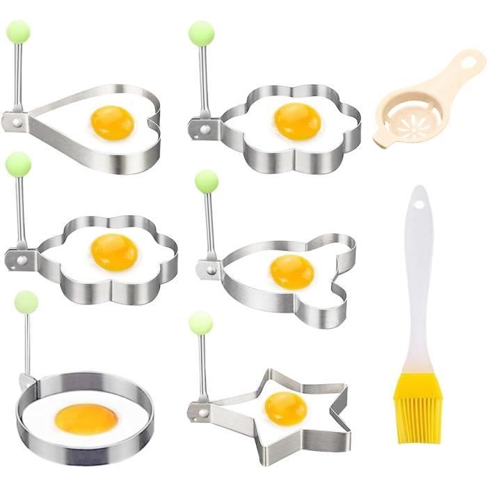 4 Moules à Œufs Au Plat Antiadhésifs – Formes Cœur, Fleur, Étoile, Ronde – Acier Inox + 2 Pinceaux - 10