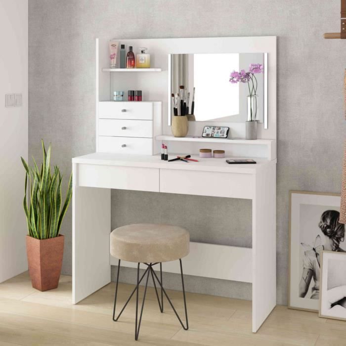 coiffeuse en bois blanc avec miroir - terre de nuit - cf9030 - 3 tiroirs