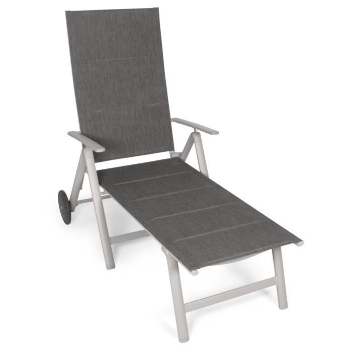 Chaise longue de jardin pliante - Vanage - Surface textile rembourrée - Structure en aluminium - Gris