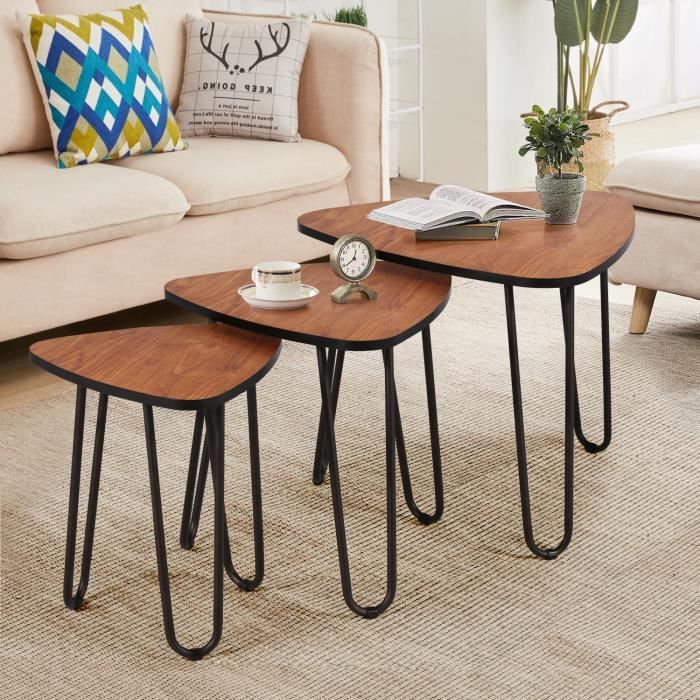 vecelo lot de 3 tables basse gigognes en bois bout de canape table d appoint a cafe pied en acier pour salon chambre achat vente table gigogne vecelo lot de 3