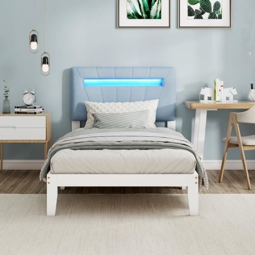 lit en bois de simple rembourrée avec barre lumineuse led en 7 couleurs,d'adolescent et d'adulte,blanc (avec matelas)(90x200cm)
