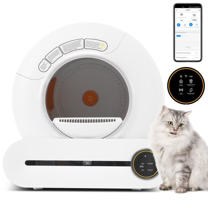 Bac à litière adaptatif autonettoyant pour chat 65L, capteur infrarouge, élimination des odeurs, contrôle APP, sécurité enfant,