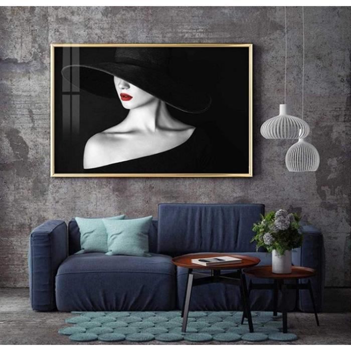 Peinture Sur Toile Femme Au Chapeau Élégant Vintage Noir Et Blanc 50x70cm - Sans Cadre