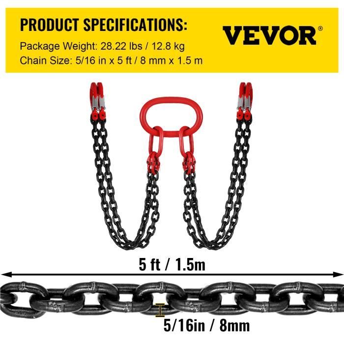 Élingue De Levage Chaîne 5/16 X 6 Pieds – Grade G80 – Capacité 3T/6600 Lbs – Avec Crochets