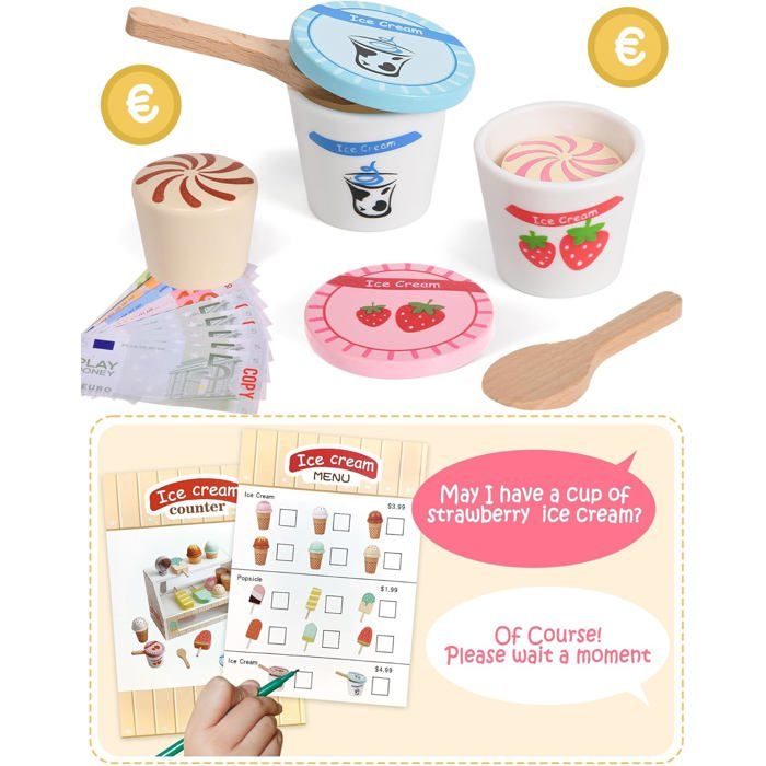 Stand De Glace En Bois HERSITY – Jeu De Dinette Avec Cônes, Sucettes, Set De Cuisine – Cadeau Enfant 3-5 Ans