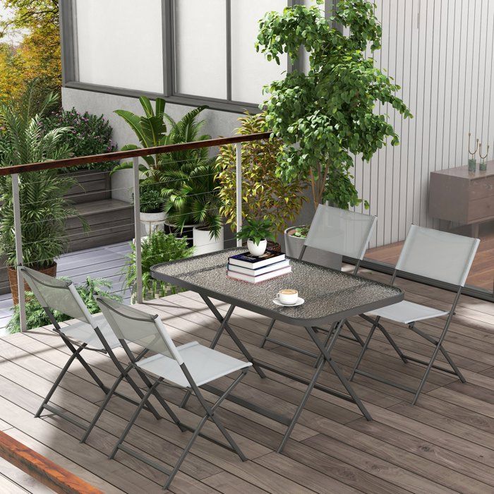 Set De Jardin 5 Pièces - Table + 4 Chaises Empilables, Gris Foncé, Structure Acier, Plateau Imitation Bois