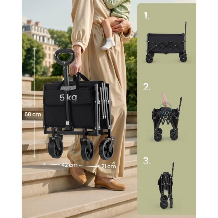 SONGMICS Chariot De Transport Pliable 200L – Poignée, 4 Roues (2 Universelles), Charge 180 Kg – Noir