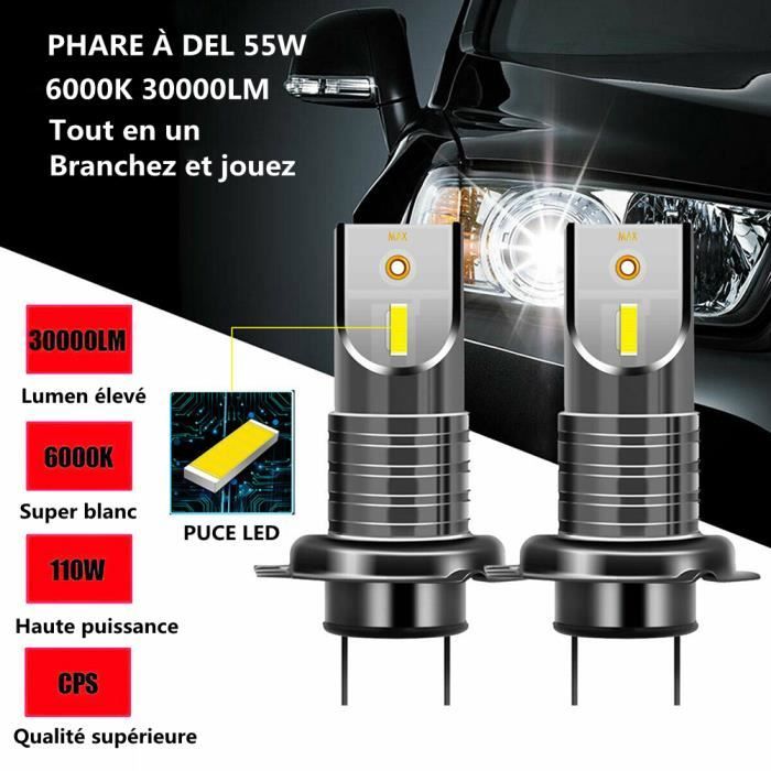 Pulilang Ampoules H7 LED, 55W 12000LM 6500K Blanc 300% de luminosité, Anti  Erreur Canbus, 1:1 Mini Taille Non Polarité pour Remplacement de Phare