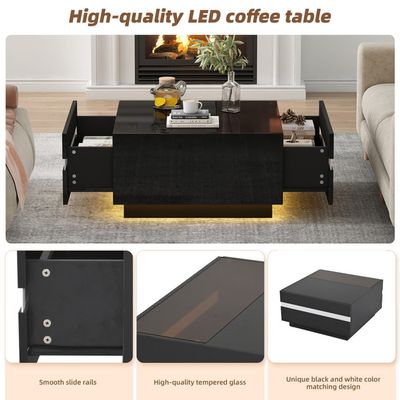 Table Basse Carrée 70x70x35 Cm Avec Plateau Verre Trempé Et LED Pilotable Par App - Noir Laqué, Creux Central, Alimentation USB