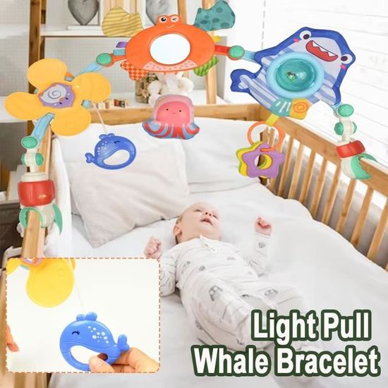 Arche De Poussette Musicale Pliable – Jouets Sensoriels Océan Pour Bébé – Avec Boîte à Musique, Miroir, Hochet Et Moulin – Compatible Poussette, Siège Auto, Berceau