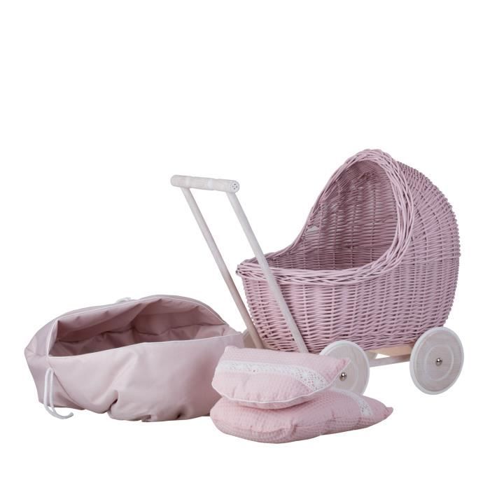 Landau-poussette et berceau en osier pour poupée - Bel ensemble Rose