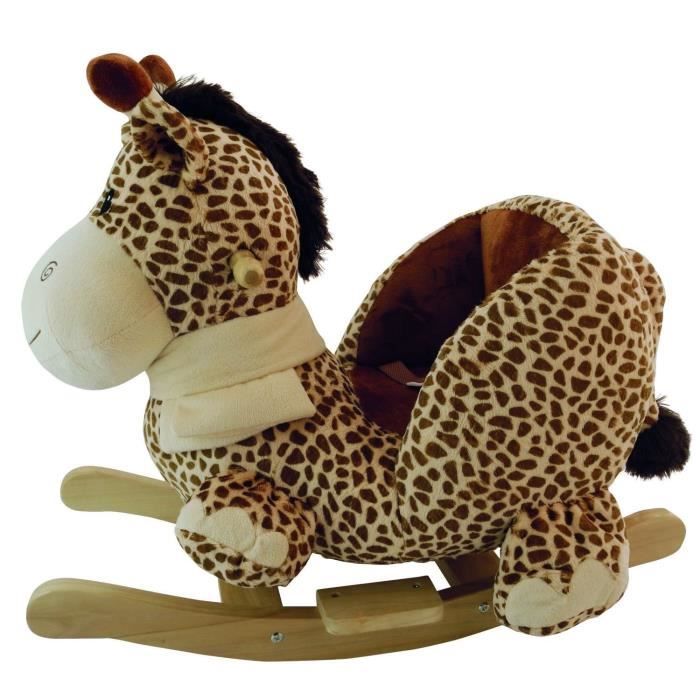 Cheval à Bascule Girafe Pour Bébé 12-36 Mois - Peluche Douce, Sons, Ceinture Sécurité, Base Large En Bois, Cadeau Enfant