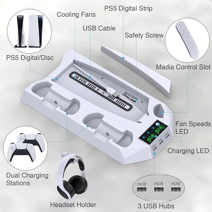 Support PS5 avec Ventilateur de Refroidissement et Chargeur Manette PS5,  Station de Recharge PS5 avec Indicateur D et Stockage 10 Disques de Jeu,  pour Playstation 5 Conso