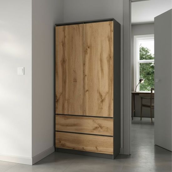 Armoire Moderne 2 Portes Et 3 Tiroirs - Chêne, Noir, Blanc, Gris - 180 X 80 X 50 Cm - Rangement Chambre, Salon, Bureau