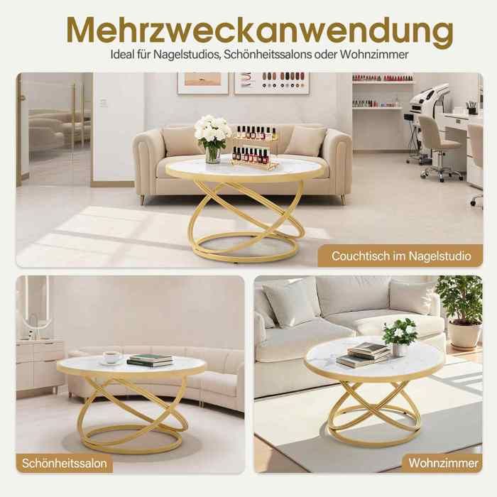 Table Basse Ronde Design Barber/pub - Plateau Marbre Blanc, Pieds Dorés Métal, 80x80x45 Cm, Pour Salon Ou Salon De Coiffure
