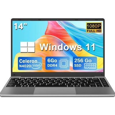 PC Portable 14" Win11 - Processeur Celeron N4020, 6Go RAM, 256Go SSD, WiFi 2.4G/5G, Bluetooth, Livré Avec Souris Sans Fil