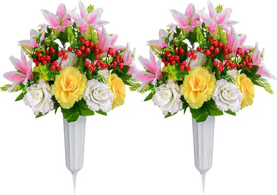 Fleurs Artificielles Cimetière - Bouquet Lys Et Roses Avec Vase à Piquer - Décoration Tombale - Lot De 2