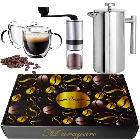 MARAYAN coffret cadeauFrench press + Moulin grain café manuel + 2 Tasses double paroi