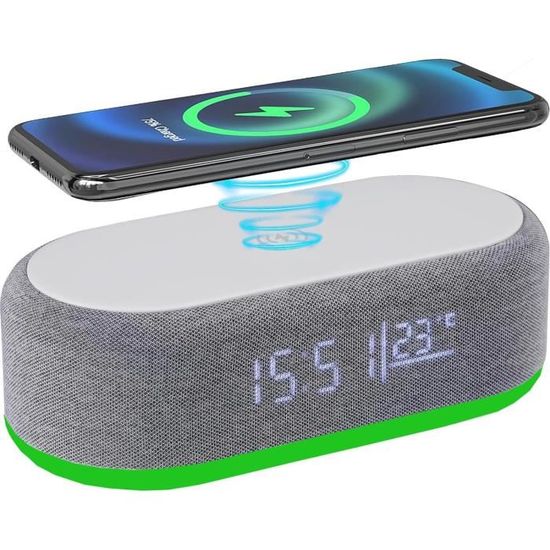 TOTMOX Radio-réveil Avec USB Et Chargeur Sans Fil Pour Voiture, Bureau à Domicile, Réveil à Charge Rapide 15 W Avec Fonction Veilleuse, Blanc Foncé