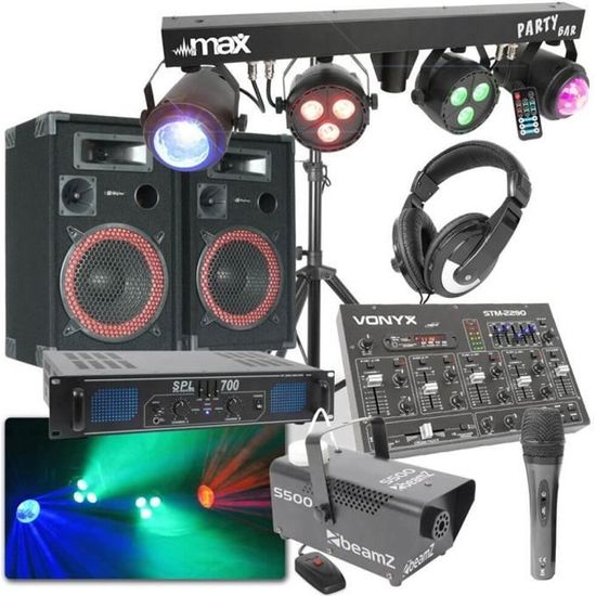 Skytec Ensemble Complet Disco DJ - Enceinte 700W, Lumières, Amplificateur,  Machine à Fumée et Table de Mixage