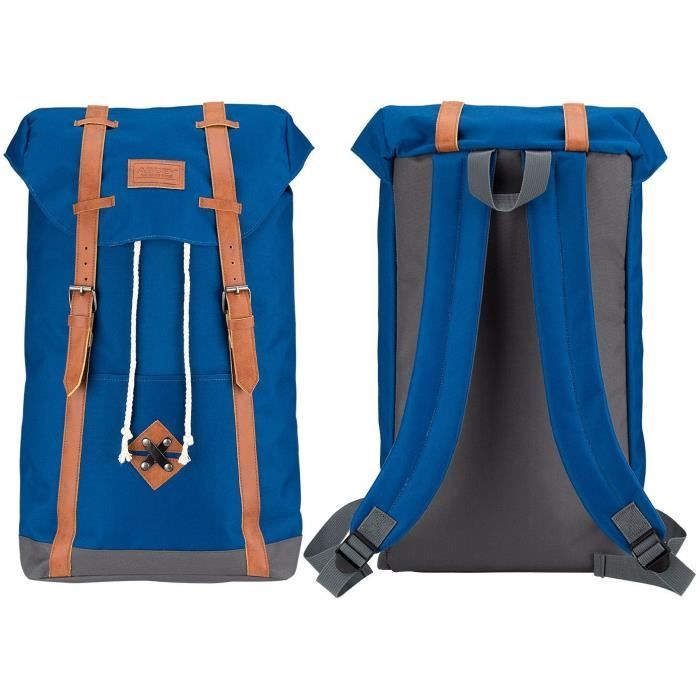 ABBEY Sac à dos scolaire - Fermeture aimantée - Cuir PU look vintage - 100% Polyester 300x300D - Bleu