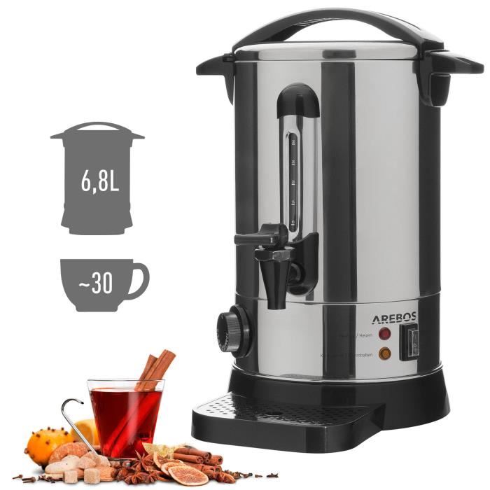 AREBOS Distributeur de Boisson Chaudes 950W | Chaudière à eau 6,8L 30 Tasses |Marmite à Vin Chaud en Inox|Thermostat |Argente