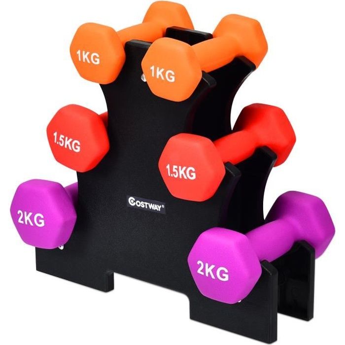 COSTWAY Ensemble d’Haltères 3 Paires 2 x 1KG + 2 x 1,5KG + 2 x 2KG avec Rack Support pour Fitness Musculation,Entraînement