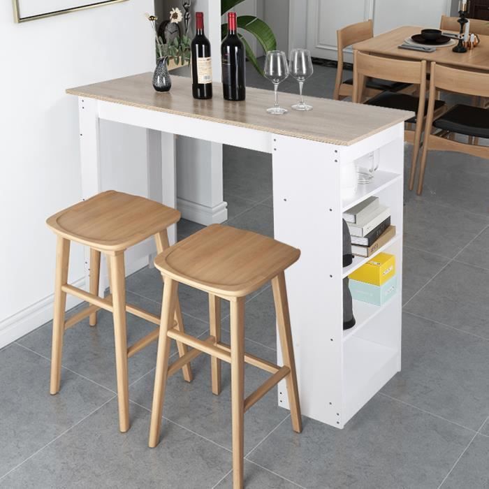 Table Bar Avec Rangements Panneaux de Particules Melamines 115*50*103CM - Blanc/Chêne