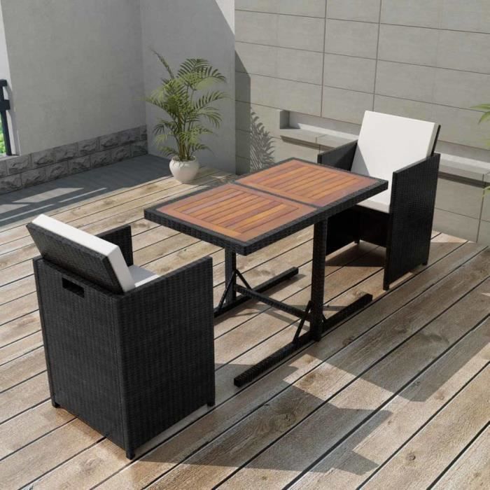 Jeu de mobilier de jardin 7 pcs Noir Résine tressée 1 table 110x53x72cm + 2 chaises 57x53x85cm + 4 coussins amovibles