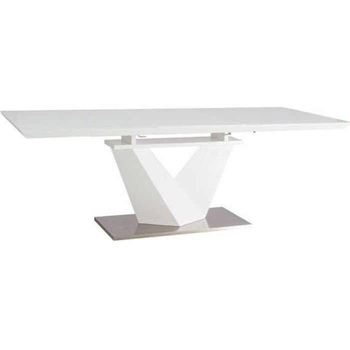 ALANAS - Table extensible salle à manger - 160x90x75 cm - Plateau MDF laqué/verre trempé - Cadre: acier/MDF - Blanc