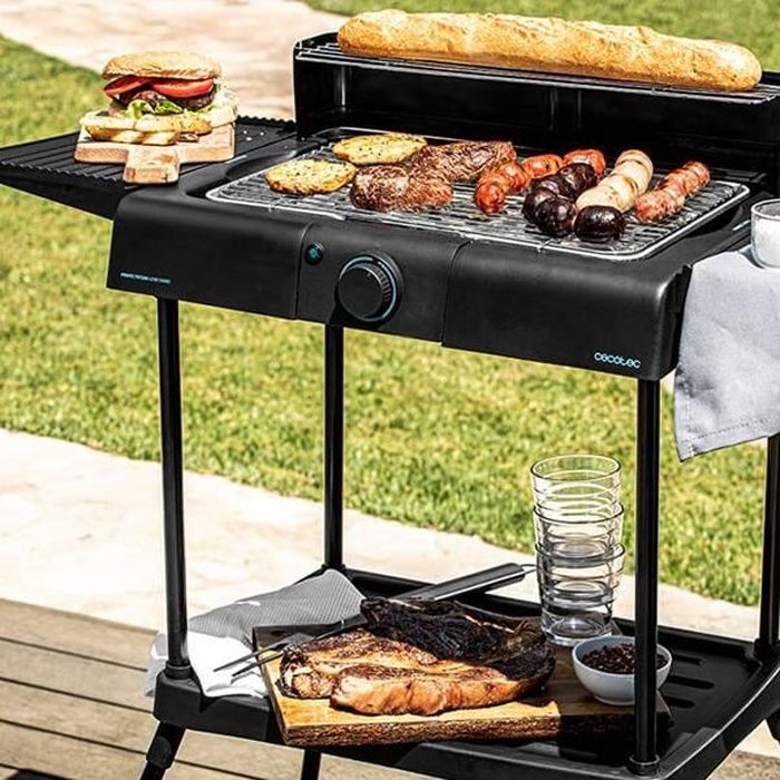 Barbecue Electrique sur Pied et de Table avec Grilles inoxydable et 3 Supports de Plats - Grille viande, BBQ grillade, grill