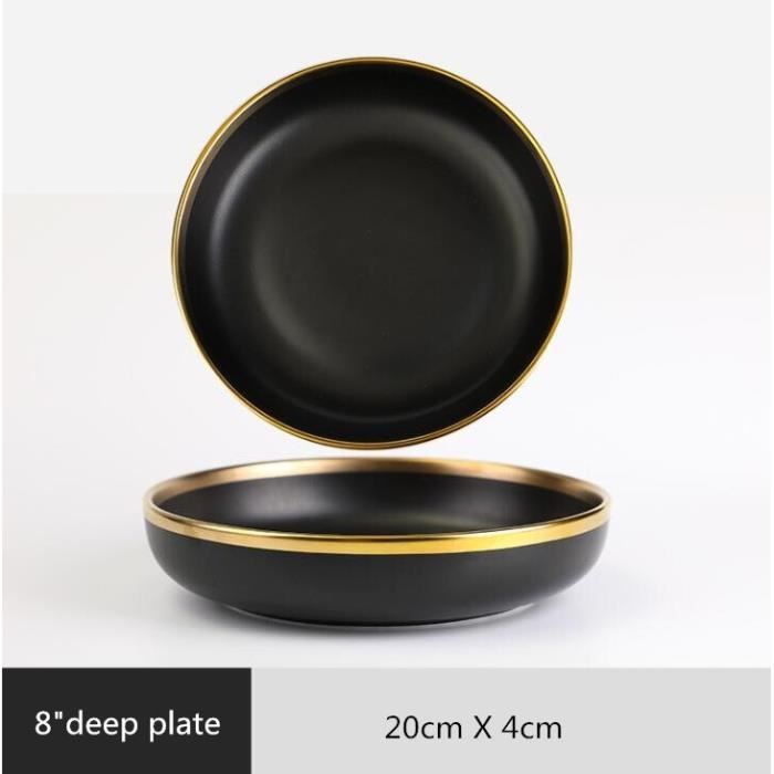 Assiette,Ensemble d'assiettes à dîner en porcelaine noire à bord doré,vaisselle en céramique - Type 8 inch deep plate