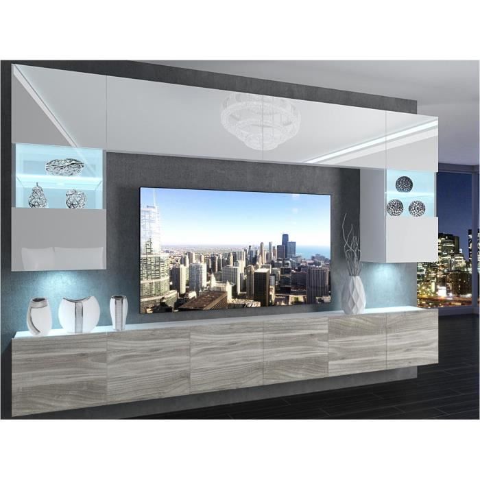 PRINS - Ensemble meubles TV - Unité murale - Largeur 300 cm - Mur TV à suspendre - Blanc Aspect bois