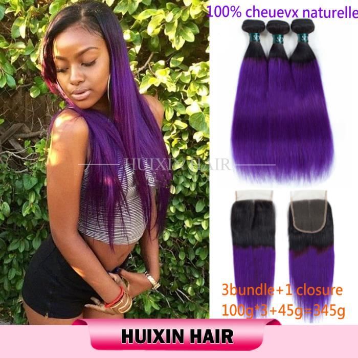 3 tissage mèche couleur brésilienne indienne 1b-violet lisse cheveux avec 4x4 closure 14.16.18-+10pouces