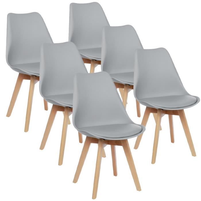 Lot de 6 Chaises - Scandinave - Pieds en bois - Avec Coussin Gris