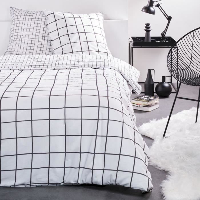 Parure de lit Sunshine - 2 personnes - 220 x 240 cm - 100% coton - Blanc Motif A carreaux - TODAY