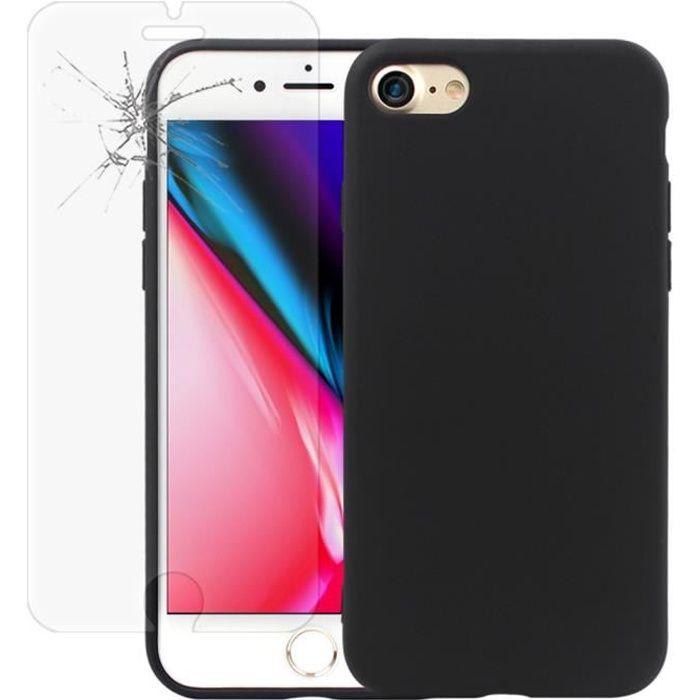 VCOMP - Pack accessories - Coque TPU silicone mat souple ultra-fine dos couverture - NOIR + 1 Film Verre Trempé Pour Apple iPhone 8