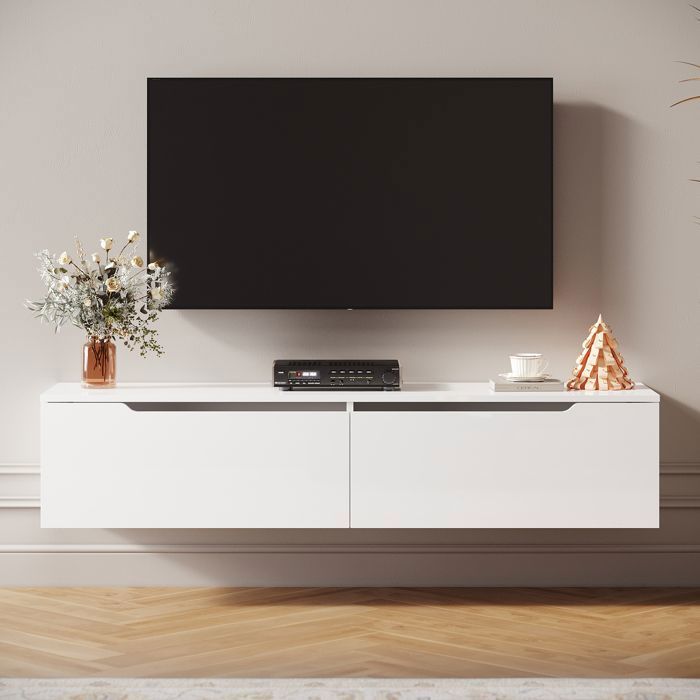 SIRHONA Meuble TV avec 2 portes Meuble TV mural complet avec LED bande lumineuse Blanc H35xL140xP30cm