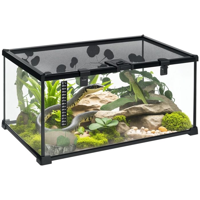 Meilleurs prix pour Boîte à reptiles - PawHut - habitat de terrarium - transparent couvercle coulissant - treillis métallique - 50 x 30 x 25 cm - noir