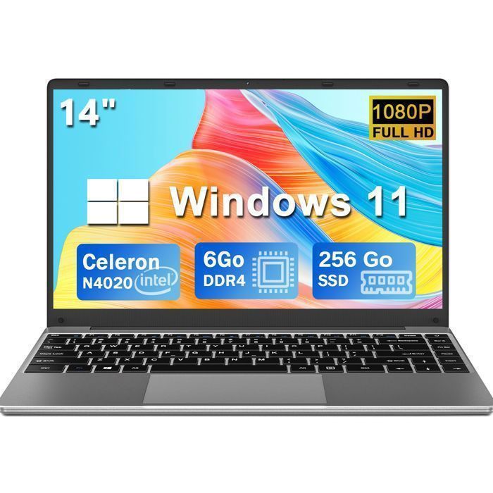 NOTODD PC Portable 14 FHD – 6Go RAM Stockage 256Go – Ordinateur portable Windows 11 – Celeron N4020 – WIFI – HDMI – Avec Souris
