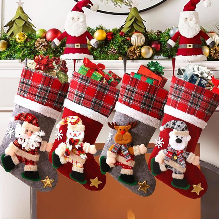 Chaussette de Noël Lot de 4 Xmas Chaussette de Noel personnalisé Chaussettes Noël a Suspendre Père Noël Renne Bonhomme De Neige