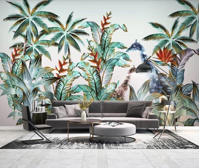Papier Peint Panoramique Girafe Animal Arbre Plante 3D Poster Mural ...