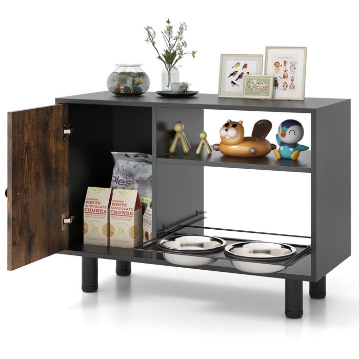 Comparer les prix de Meuble de Rangement pour Chien COSTWAY, Hauteur Réglable, 2 Bols Amovibles de 1,2 L en Acier Inoxydable, 82 x 35 x 60 cm